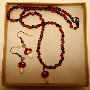 Glass beaded Mushrooms Necklace & Earrings set *Handmade!